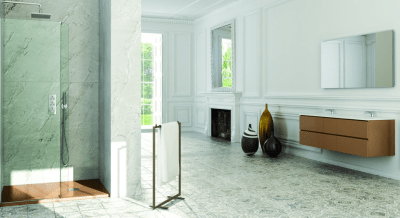 box doccia appoggiato sopra al pavimento