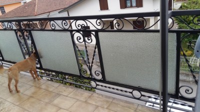 balcone  con ringhiera in ferro e e inserti in vetro retinato