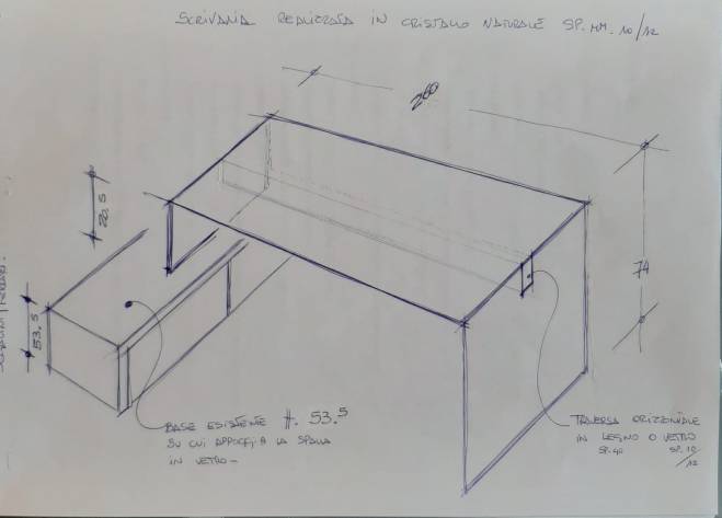 DISEGNO PROGETTUALE DI UN TAVOLO TUTTO VETRO EXTRACHIARO SALDATO AI RAGGI UV