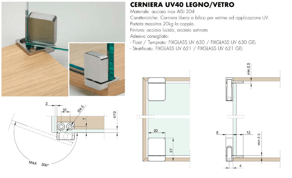 cerniera per unire legno e vetro con incollaggio uv